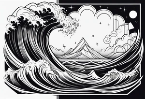 Geometric, sword, lightning bolt and waves tattoo idea