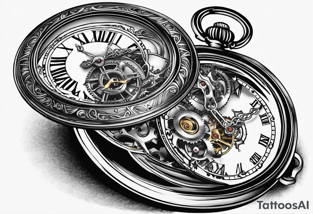 Old school pocket watch exploded showing inner mechanism tattoo idea