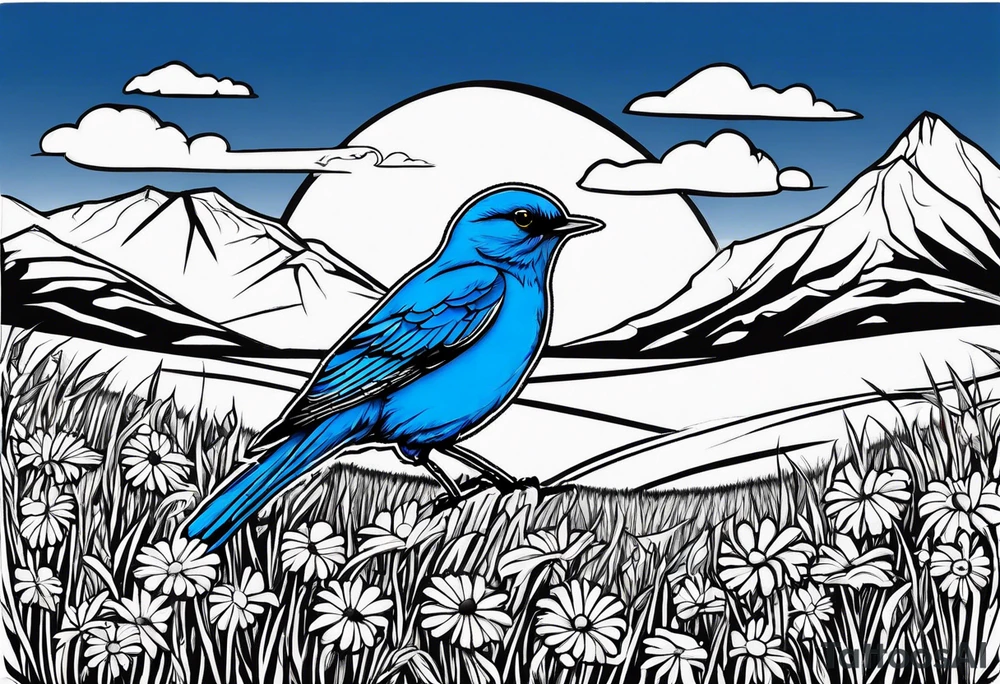 Small blue bird in field of grass and daisys Mountain View in distance tattoo idea
