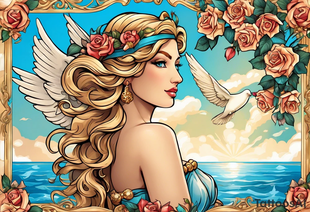 Portrait of Aphrodite: A face or full-length image of the goddess, often in a realistic style, perhaps decorated with flowers, seashells, or doves.rose, doves, shells and a mirror in his hand. background sea, blue roses frames,, romantic,background  fly boy wings and a bow, cupido tattoo idea