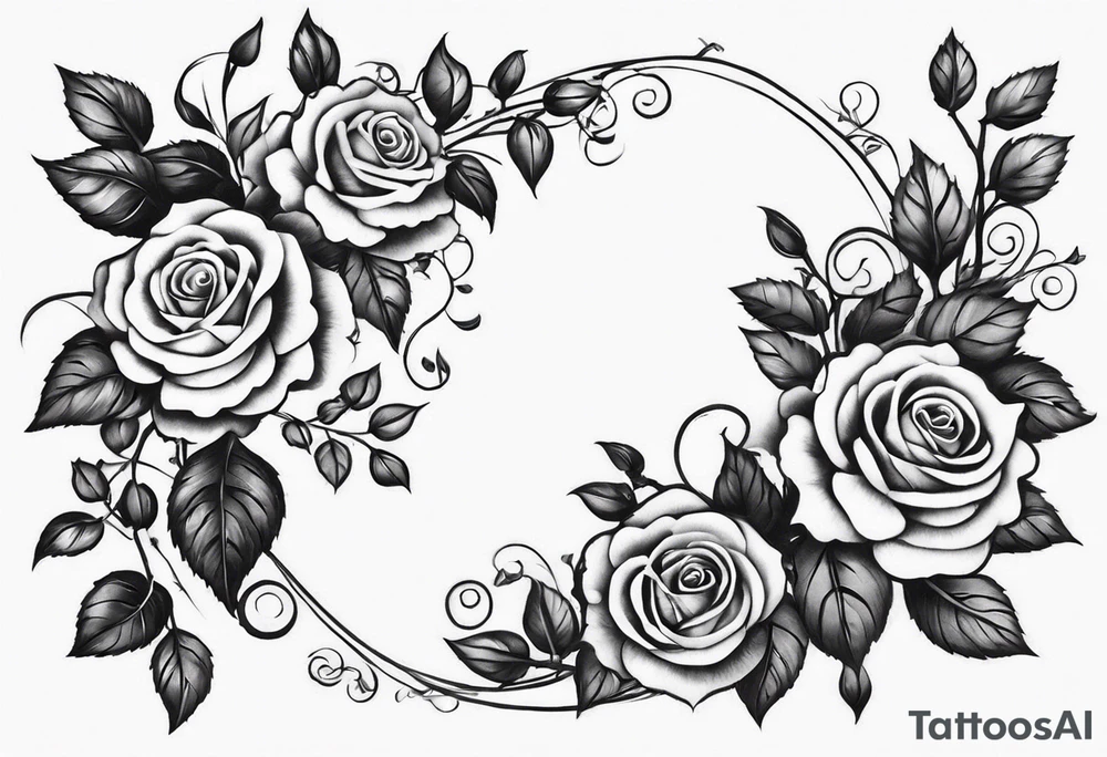 draw image of sleeve tattoo that has 65 small roses on a vine, they can be different sizes. It is long and narrow in design so it fits on an arm. The vine has some leaves and thorns but not too many. The roses will be a mix of small and medium size with some front on and others side on. tattoo idea