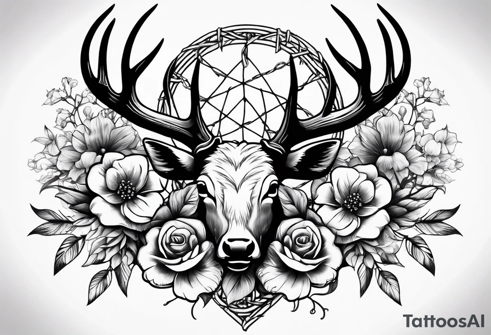 antler wrapped in barbed wire and flowers tattoo idea