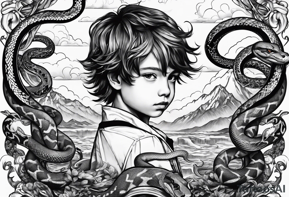 kid surrounded by snakes tattoo idea