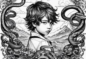 kid surrounded by snakes tattoo idea