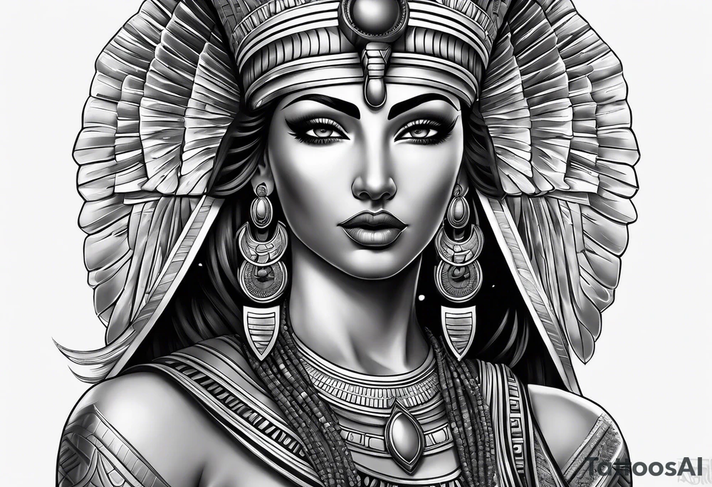 black and gray photo realistic goddess isis with minimal detail tattoo idea