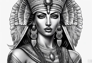 black and gray photo realistic goddess isis with minimal detail tattoo idea