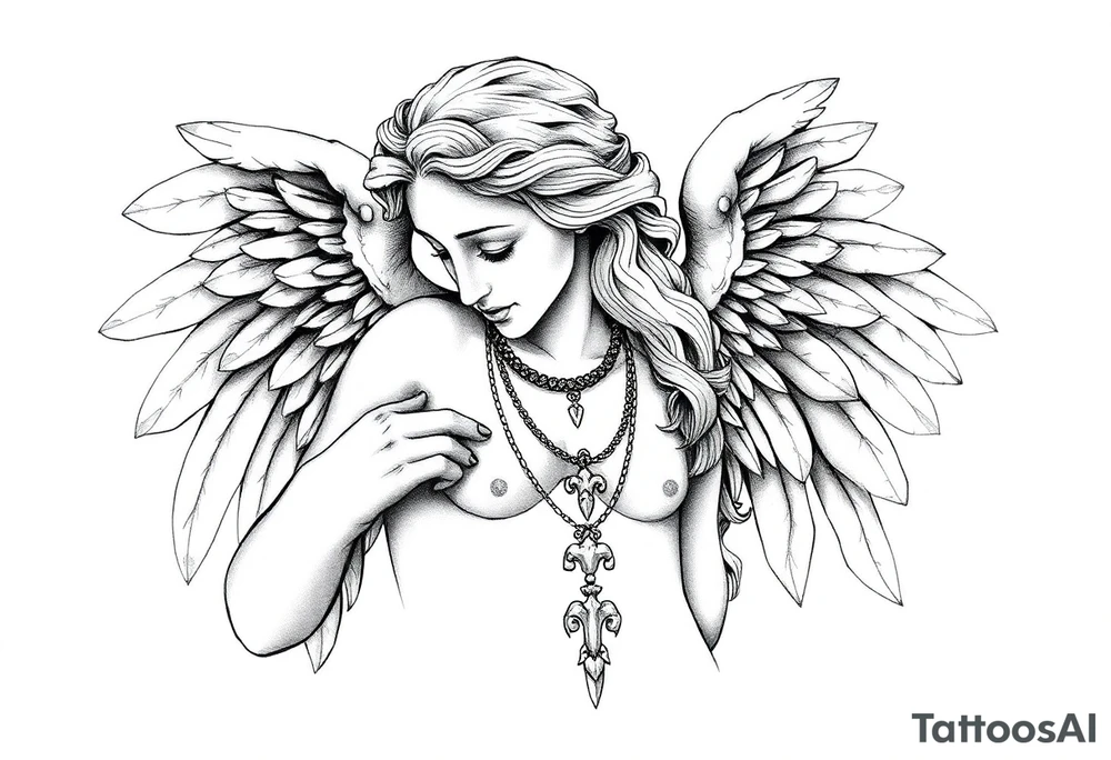 Create a statue of some angel, ruined with criminal corruption, tattoos, jewelry, gold necklaces. I would like this to be placed on the left arm. tattoo idea