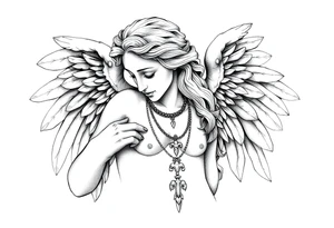 Create a statue of some angel, ruined with criminal corruption, tattoos, jewelry, gold necklaces. I would like this to be placed on the left arm. tattoo idea
