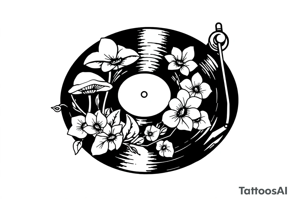 vinyl record player with mushrooms, orchids, and music notes around it tattoo idea