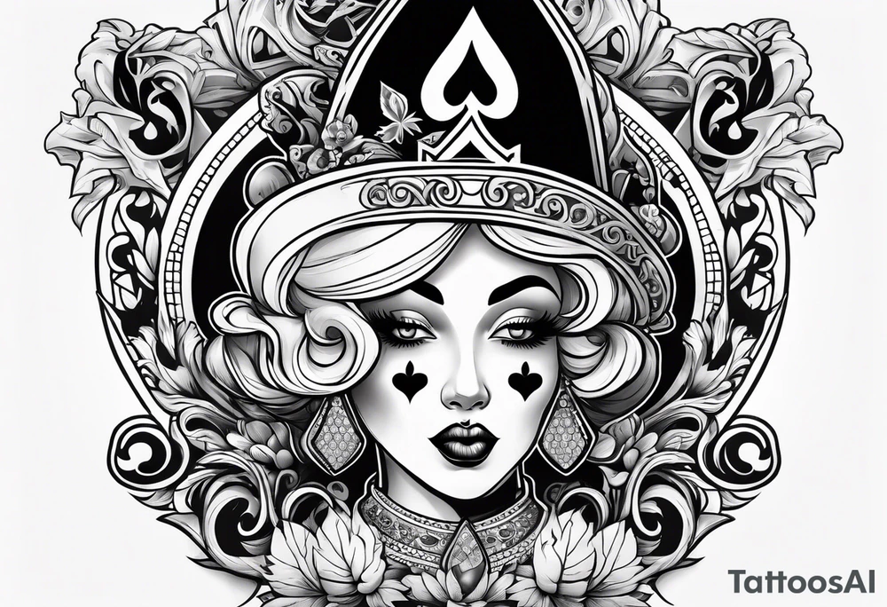 sexy queen of spades with open mouth tattoo idea
