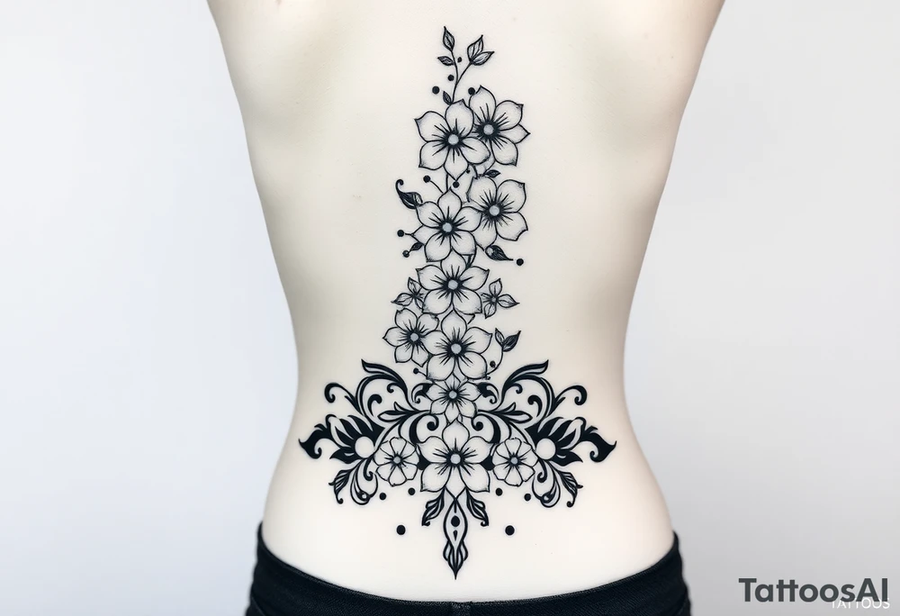 A detailed and elegant tattoo design for the spine, incorporating a vertical flow of cherry blossoms  The lower back features symmetrical ornamental elements inspired by tribal and decorative patterns, seamlessly blending into the floral motif. The design uses fine linework, intricate dotwork, and soft curves that follow the natural contours of the body, creating a feminine and cohesive piece. The overall aesthetic is balanced, with a mix of bold ornamental elements at the lower back and light, airy floral accents along the spine. tattoo idea
