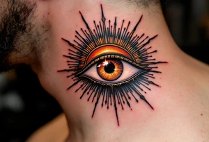 A crimson and gold Eye of Ra shining with fierce solar power, surrounded by subtle rays. tattoo idea