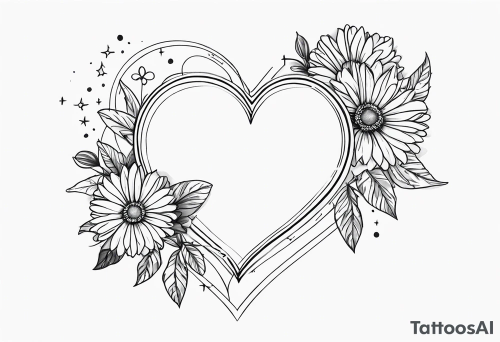 Heart with aster flowers and Cameron as the line to draw the heart and the time 8:34am written with the line tattoo idea