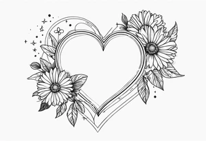 Heart with aster flowers and Cameron as the line to draw the heart and the time 8:34am written with the line tattoo idea