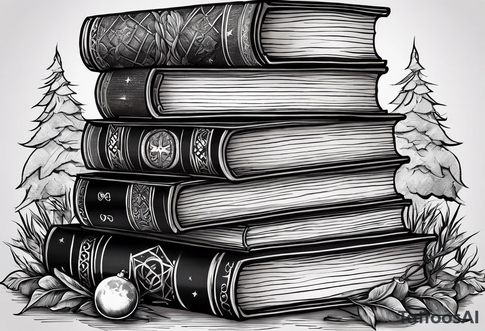 A stack of books with elements from Harry Potter, hunger games, the hobbit, pride and prejudice, twilight, and lord of the rings tattoo idea