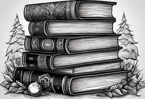 A stack of books with elements from Harry Potter, hunger games, the hobbit, pride and prejudice, twilight, and lord of the rings tattoo idea