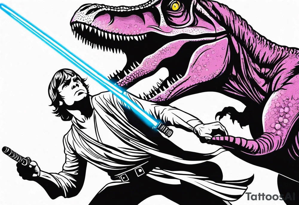 Luke Skywalker and a T-Rex fighting each other with lightsabers tattoo idea