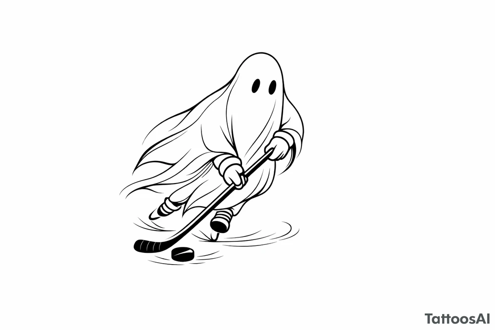 Minimalist ghost silhouette stickhandling a puck on ice tattoo idea