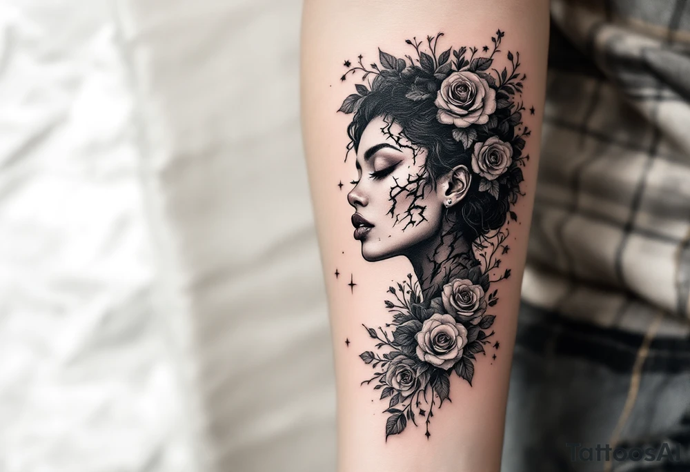 Broken Black woman surrounded by roses that shows the good and evil of humanity tattoo idea