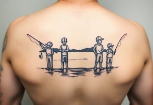 Silhouette of Dad, 14 yr old son, 11 yr old daughter and 3 yr old son fishing on dick and lake tattoo idea