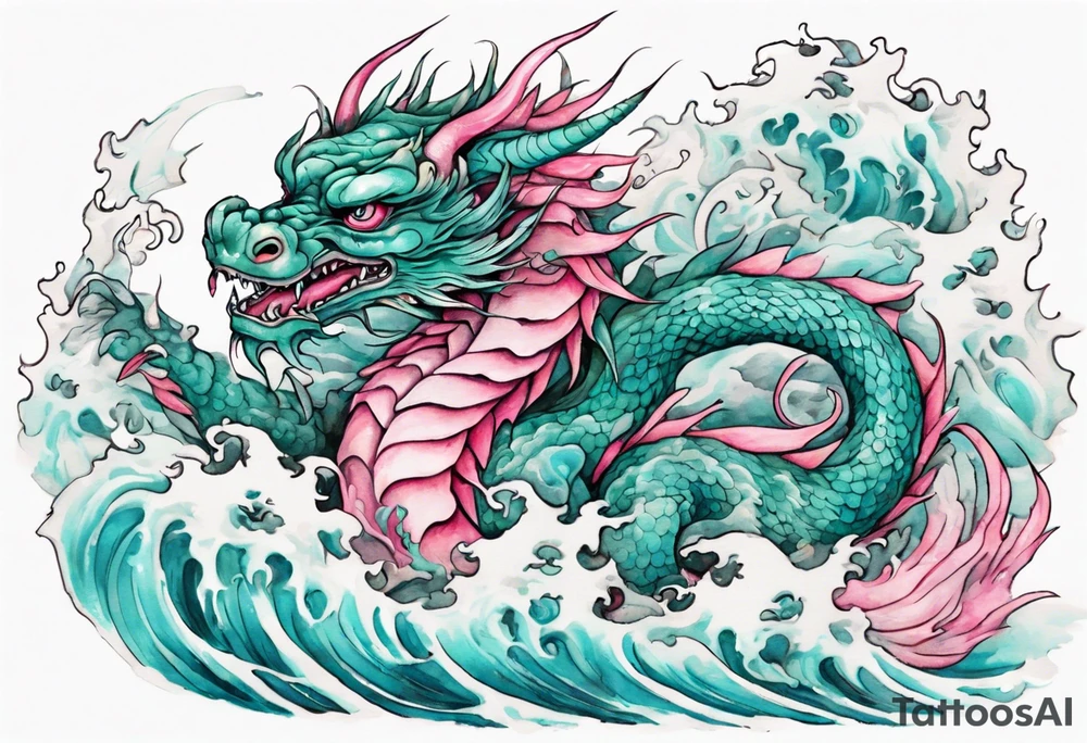 a gentle turquoise and pink luck dragon emerging from the stormy sea tattoo idea