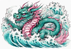 a gentle turquoise and pink luck dragon emerging from the stormy sea tattoo idea