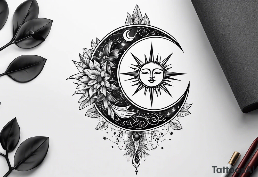elegant line 
dainty 
spiritual 
moon 
sun 
arrow
spine
narrow tattoo idea