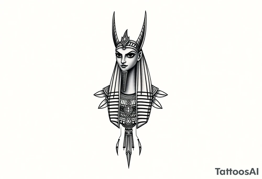 Tatuagem egípcia feminina detalhada, representando o deus Horus na sua forma animal, com adornos e simbolos tradicionais egípicios, a figura está em posição frontal, com detalhes hieroglíficos sutis ao redor, integrados harmonicamente. Fundo minimalista, inspirado em papiro antigo, com tons terrosos suaves. Estilo artístico com traços finos, sombra leve para destacar volume, ideal para a parte frontal da canela, transmitindo elegância e misticismo. tattoo idea