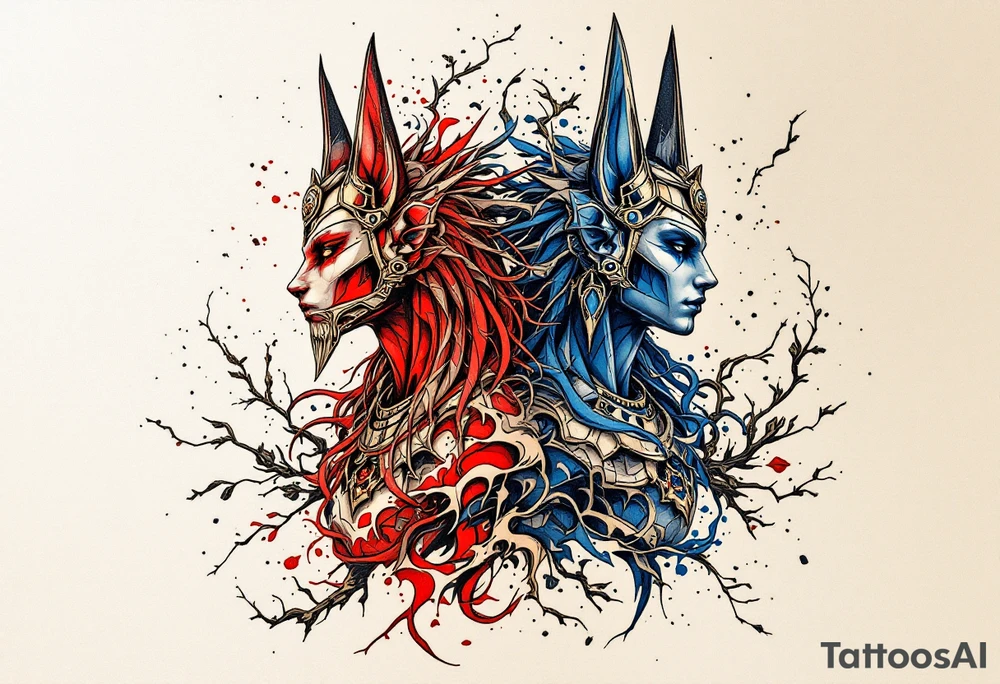 Anubis and a Guardian Angel Back to Back (only red, blue and black are possible colors) tattoo idea