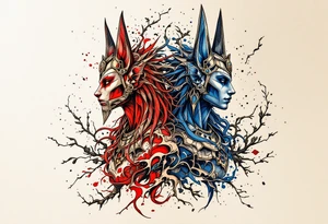 Anubis and a Guardian Angel Back to Back (only red, blue and black are possible colors) tattoo idea