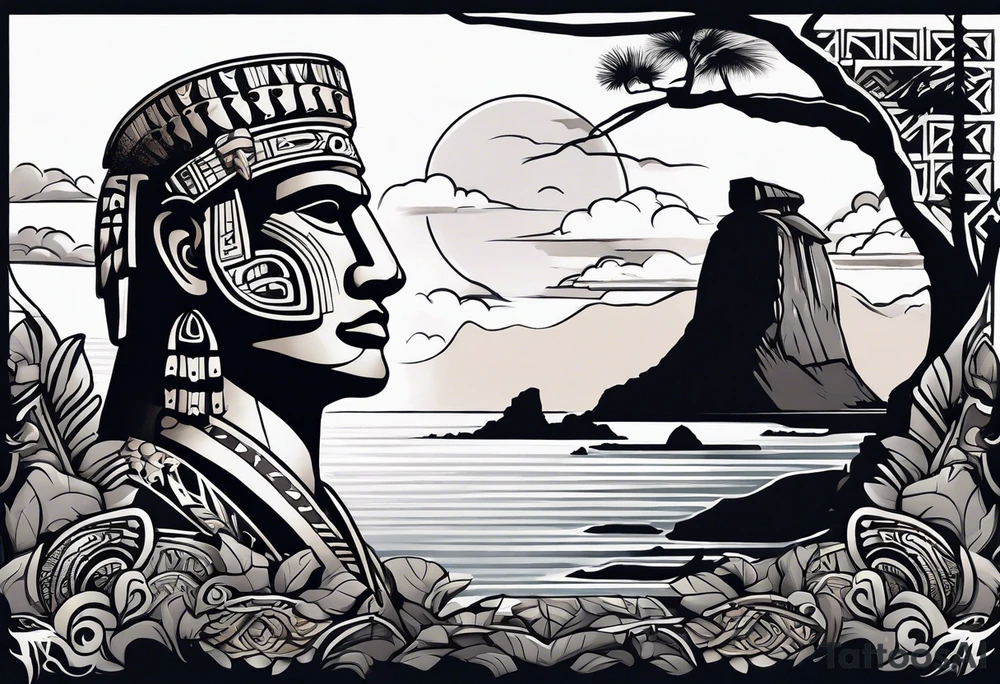 Upper arm piece of Easter island maoi on an island landscape and hawk circling above tattoo idea