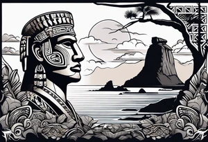 Upper arm piece of Easter island maoi on an island landscape and hawk circling above tattoo idea