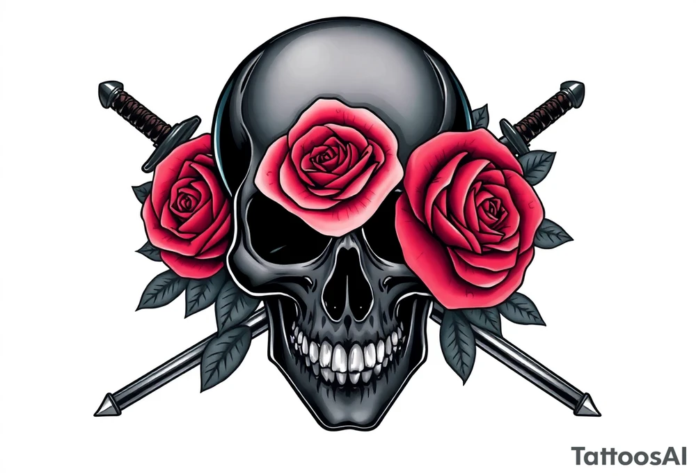 A dark skull with vibrant, blooming roses, crossed broadswords behind. tattoo idea