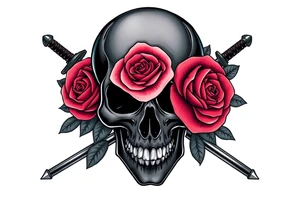 A dark skull with vibrant, blooming roses, crossed broadswords behind. tattoo idea