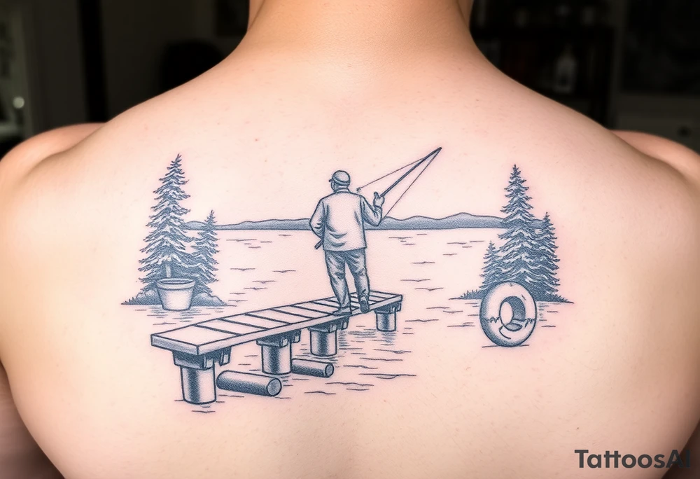 Fisherman on a pier surrounded by nature, colorful tattoo idea Fisherman on a pier surrounded by nature, colorful tattoo idea