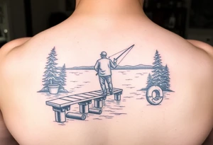Fisherman on a pier surrounded by nature, colorful tattoo idea
