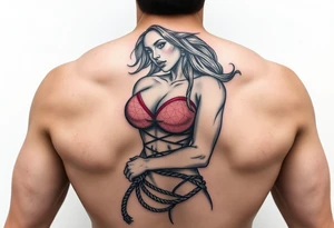 powerful female bdsm domm wearing red with her submissive bound by rope tattoo idea