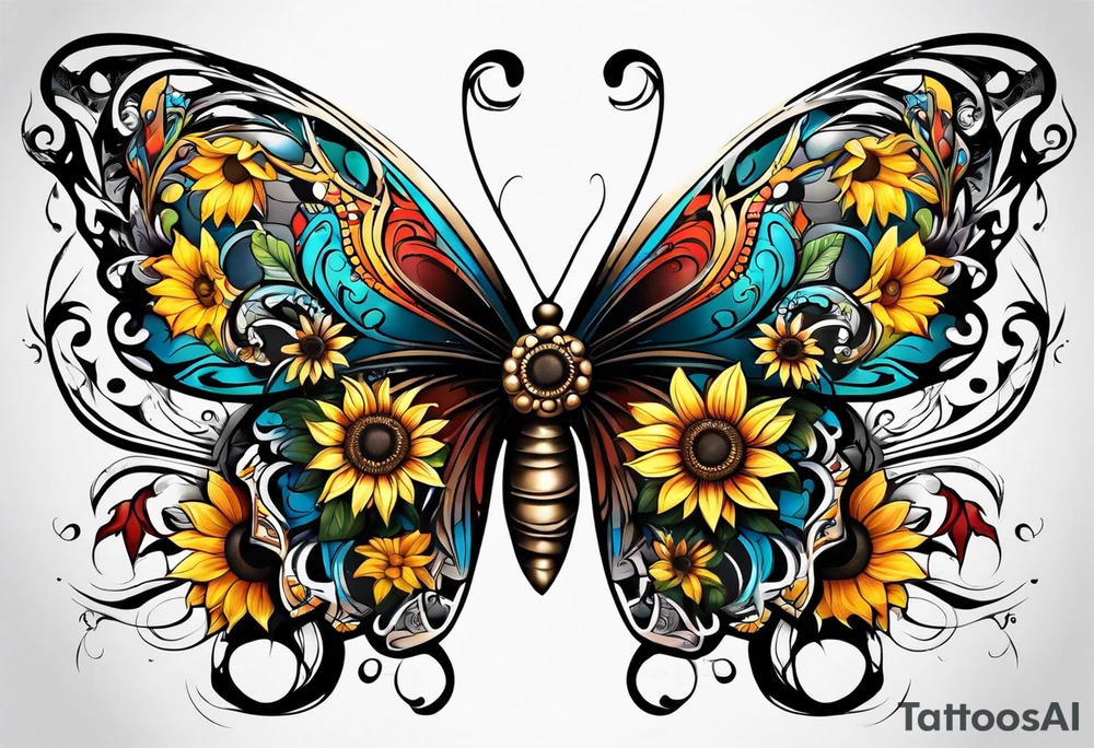Half butterfly half sunflower tattoo idea