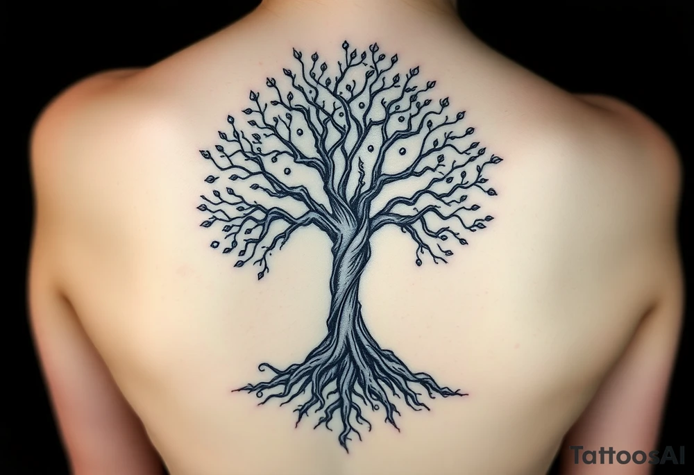 mystical tree of life with cosmic roots and celestial branches tattoo idea
