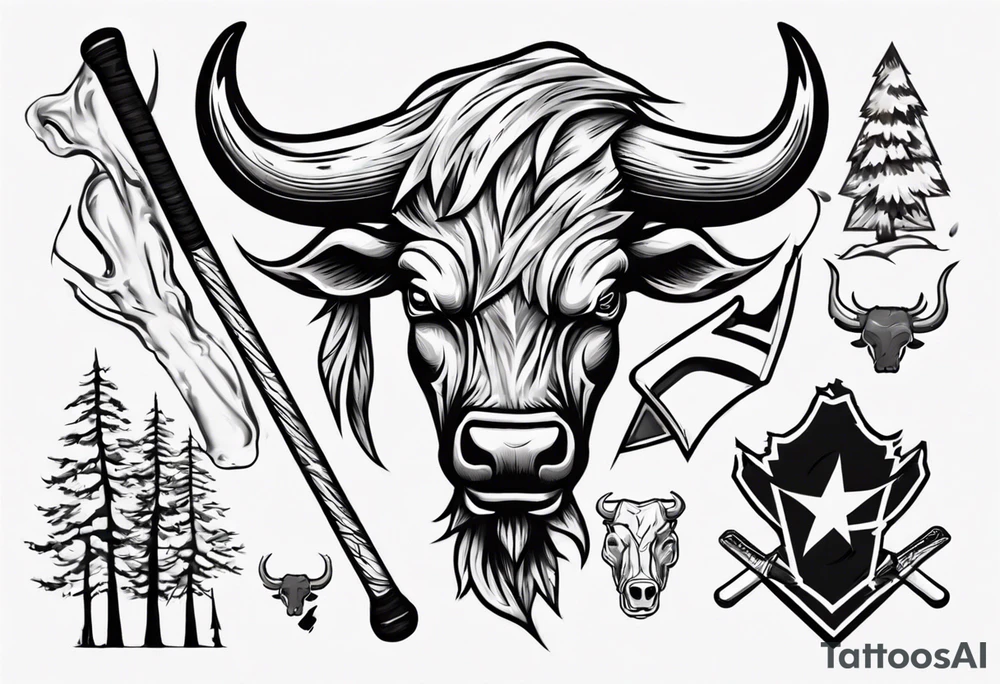 A design that includes a bull head trees and an ice hockey stick tattoo idea