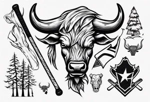 A design that includes a bull head trees and an ice hockey stick tattoo idea