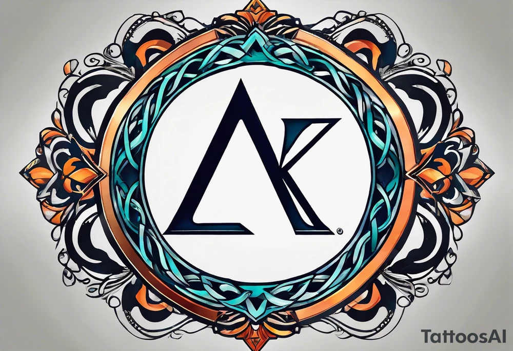 Simplistic symbol large delta inside a circle. Circle is made from chain. Shade of a letter K in a background. tattoo idea