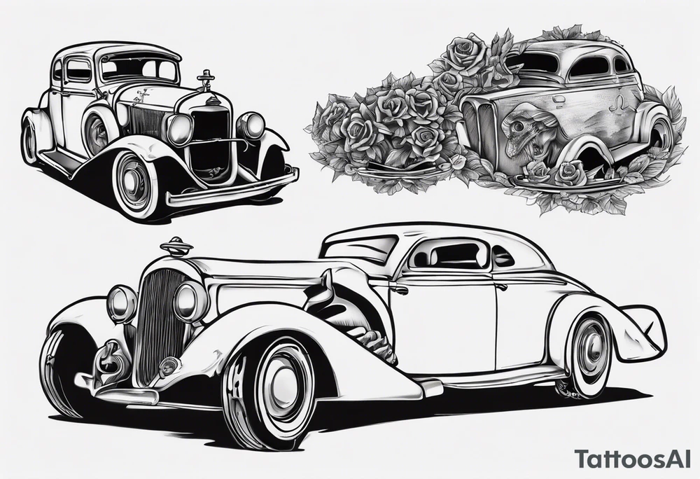 I want a tattoo of an old vintage classic car and a skeleton in the back with the name “Viking Customs” incorporated in the design tattoo idea