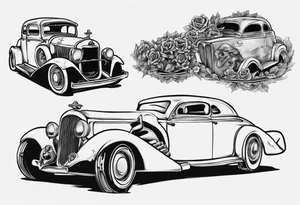 I want a tattoo of an old vintage classic car and a skeleton in the back with the name “Viking Customs” incorporated in the design tattoo idea
