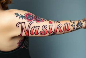 the word Nashika with roses surrounding tattoo idea