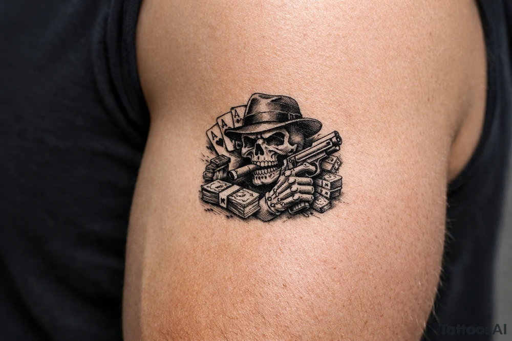 skull with gangster-hat,cigar in his mouth,gun in a skeleton-hand,playing cards,a lot of money. tattoo idea