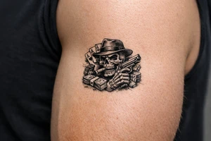skull with gangster-hat,cigar in his mouth,gun in a skeleton-hand,playing cards,a lot of money. tattoo idea