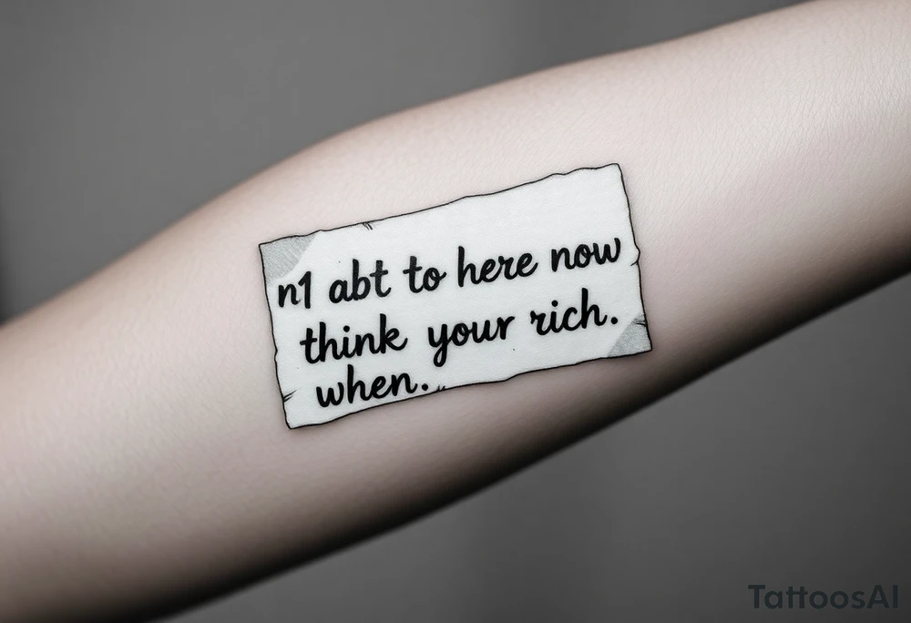 a piece of paper saying no1 is here now think abt it when your rich tattoo idea