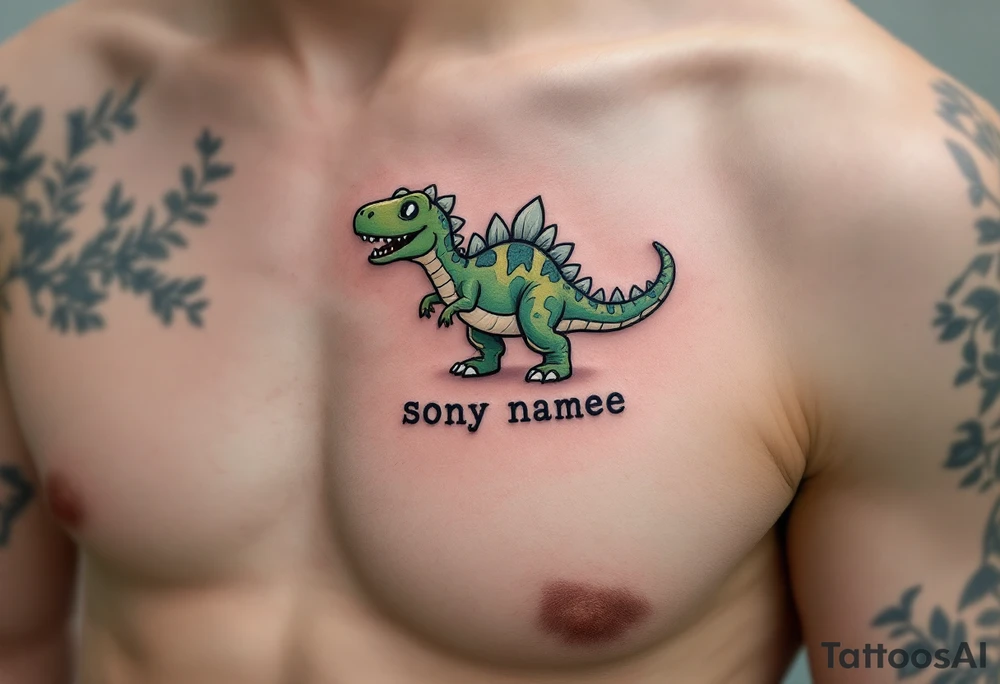 A tiny dinosaur in green and grey, with the son’s nickname written in playful bold font beneath. tattoo idea