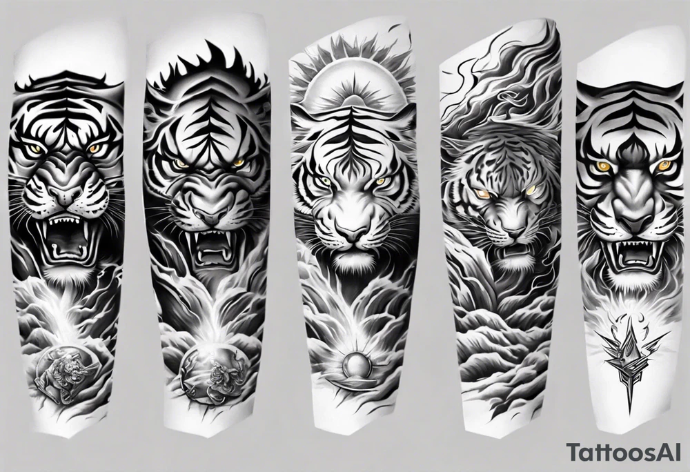 Tiger Warrior sleeve tattoo with lightning and the sun
Forearm sleeve tattoo idea Tiger Warrior sleeve tattoo with lightning and the sun
Forearm sleeve tattoo idea